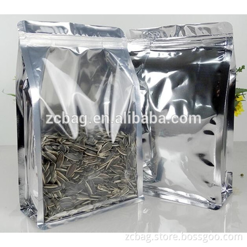 quad eight side seal colorful aluminium foil flat bottom one side aluminium foil one side transparent PE snack packaging bags